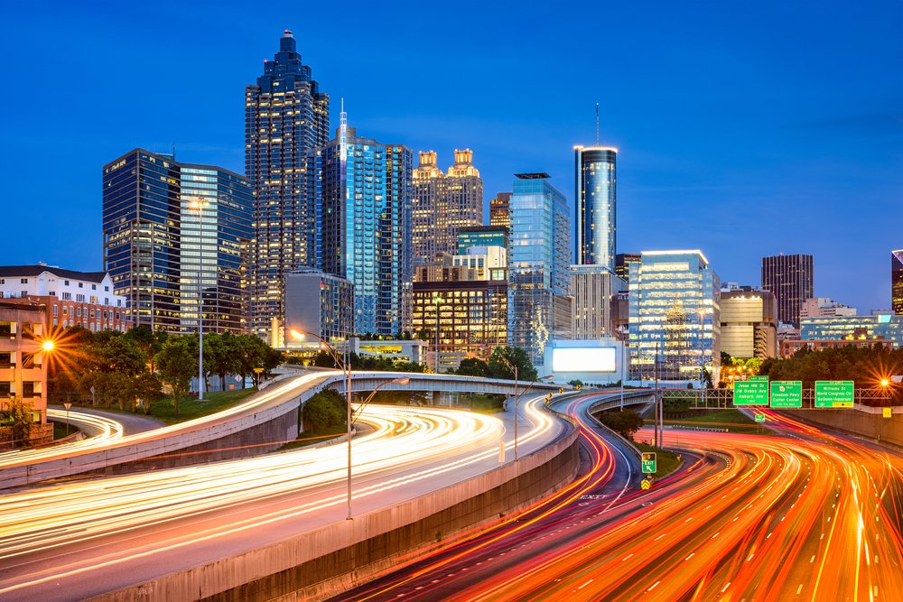 Atlanta, Georgia, USA downtown city skyline over the interstate.