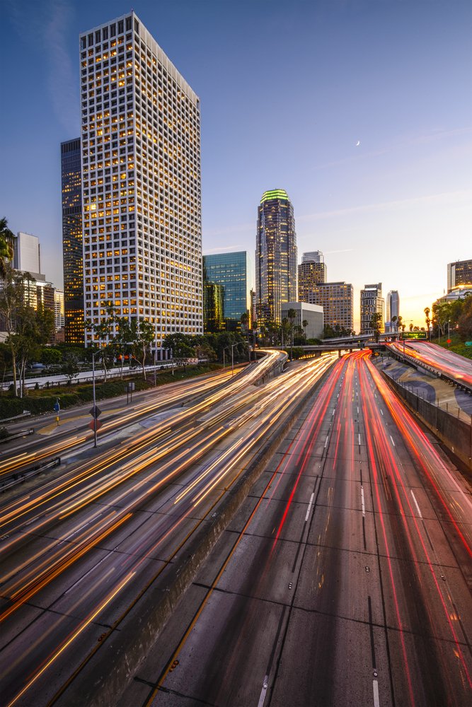 Los Angeles, California, USA downtown skyline at twilight.